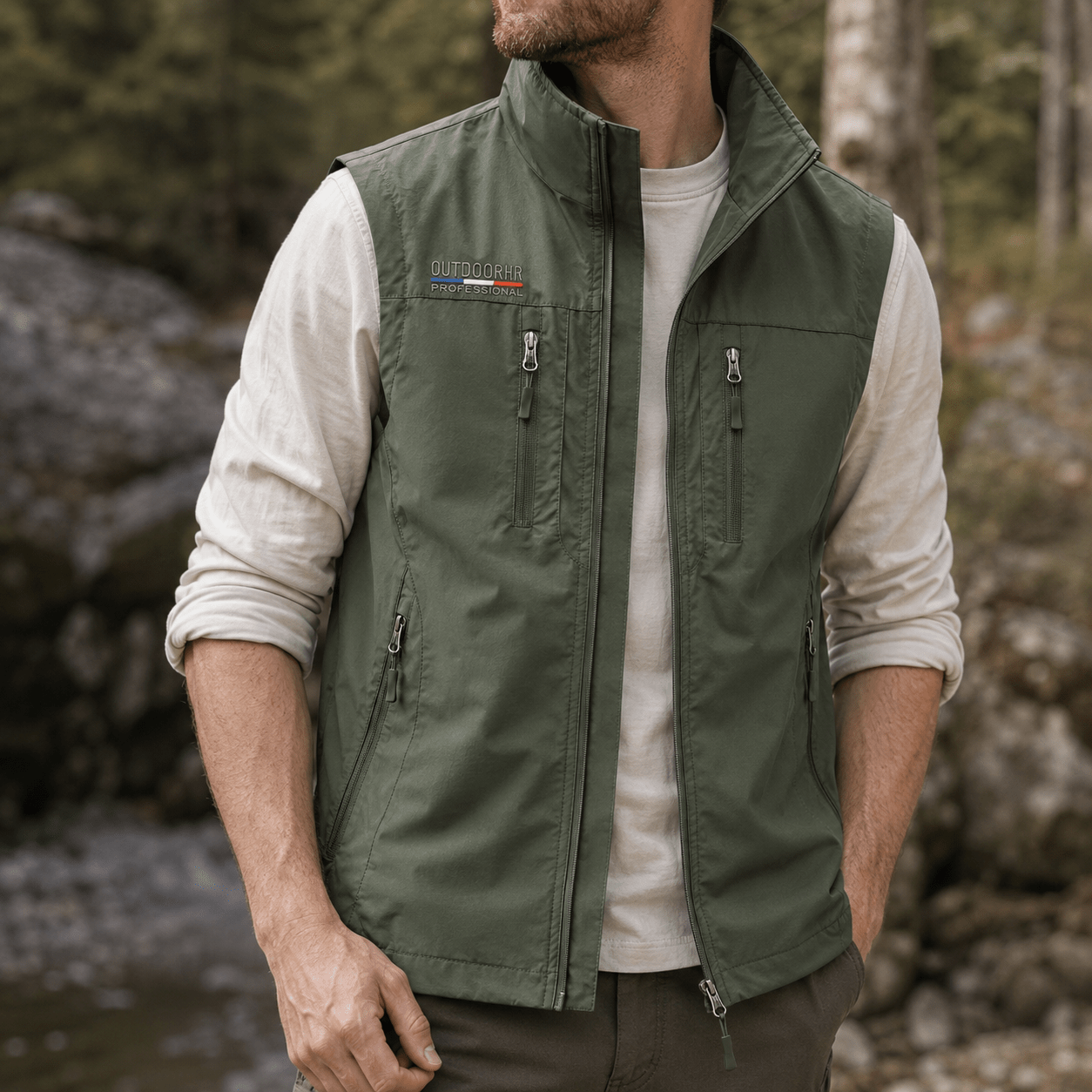Marcus - Men's Funnel Neck Zip-Up Utility Gilet with Multiple Pockets - Vests - Green - Davies & Cooper