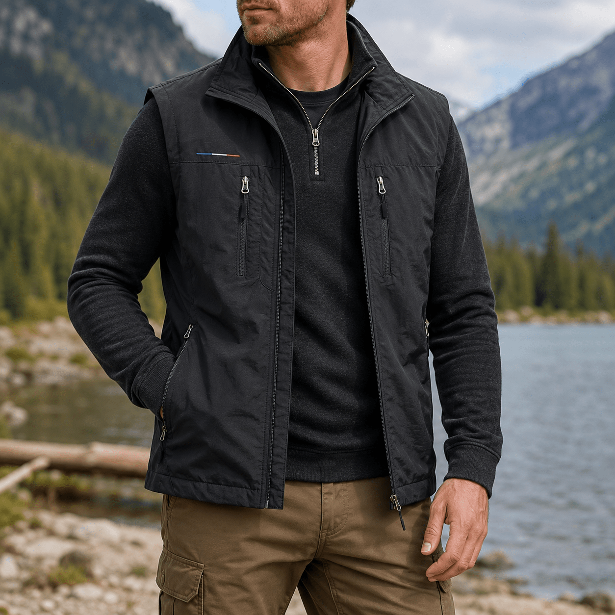 Marcus - Men's Funnel Neck Zip-Up Utility Gilet with Multiple Pockets - Vests - Black - Davies & Cooper