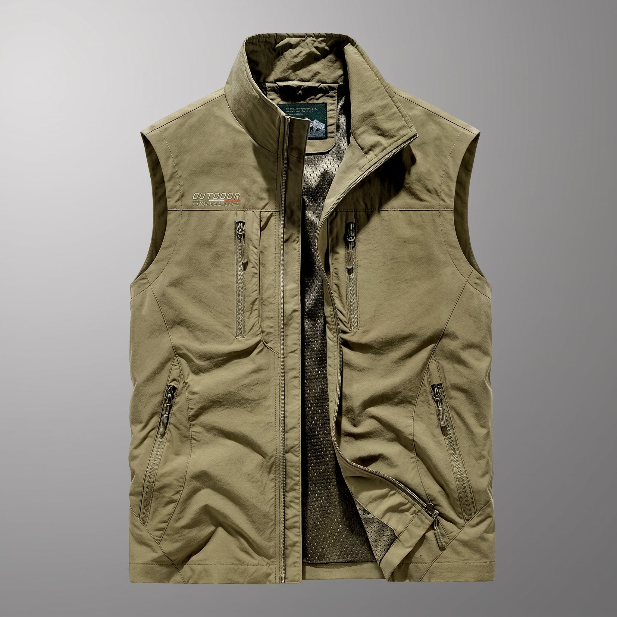 Marcus - Men's Funnel Neck Zip-Up Utility Gilet with Multiple Pockets - Vests - Khaki - Davies & Cooper