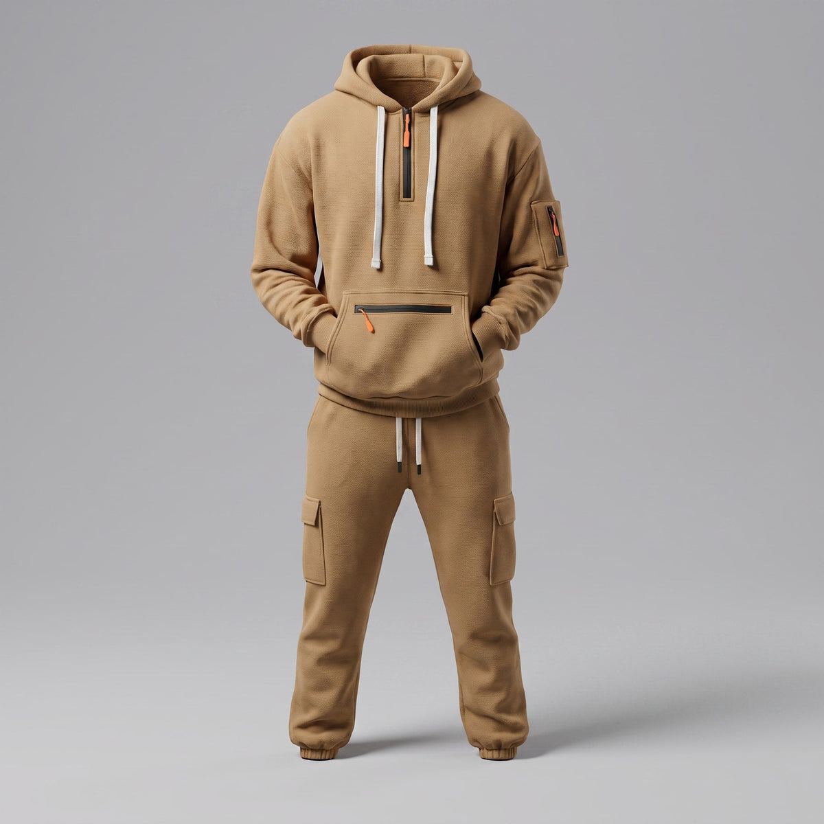 Marcus - Men's Half-Zip Hooded Tracksuit Set with Cargo Joggers - Outfit Sets - Khaki - Davies & Cooper