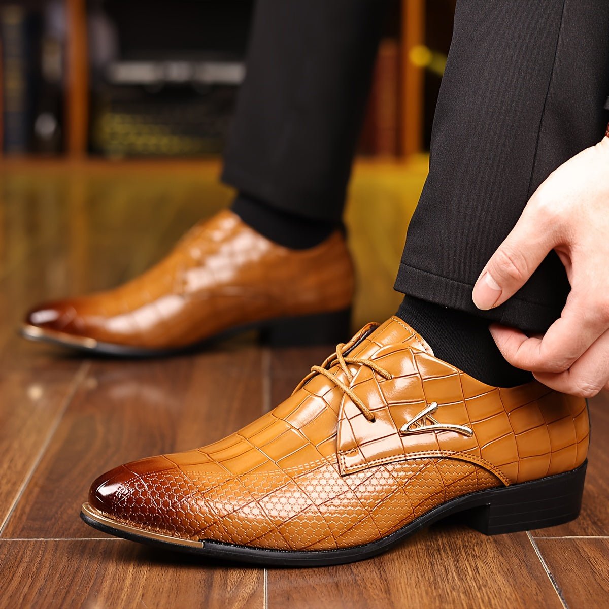 Marcus - Men's Lace-Up Derby Dress Shoes with Croc-Embossed Texture - Shoes - Light Brown - Davies & Cooper