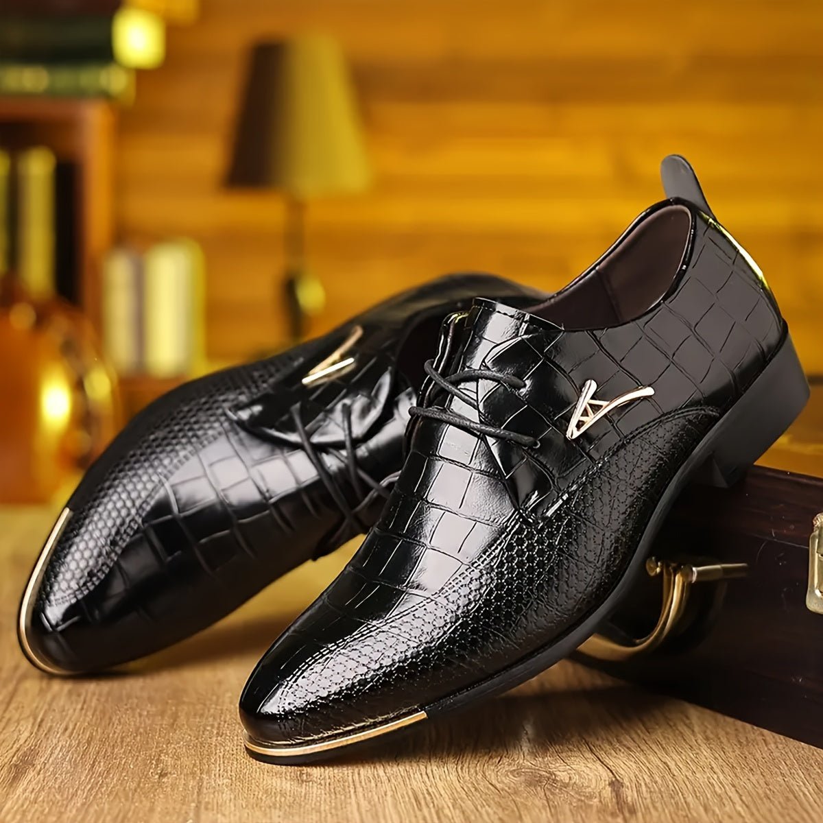 Marcus - Men's Lace-Up Derby Dress Shoes with Croc-Embossed Texture - Shoes - Black - Davies & Cooper