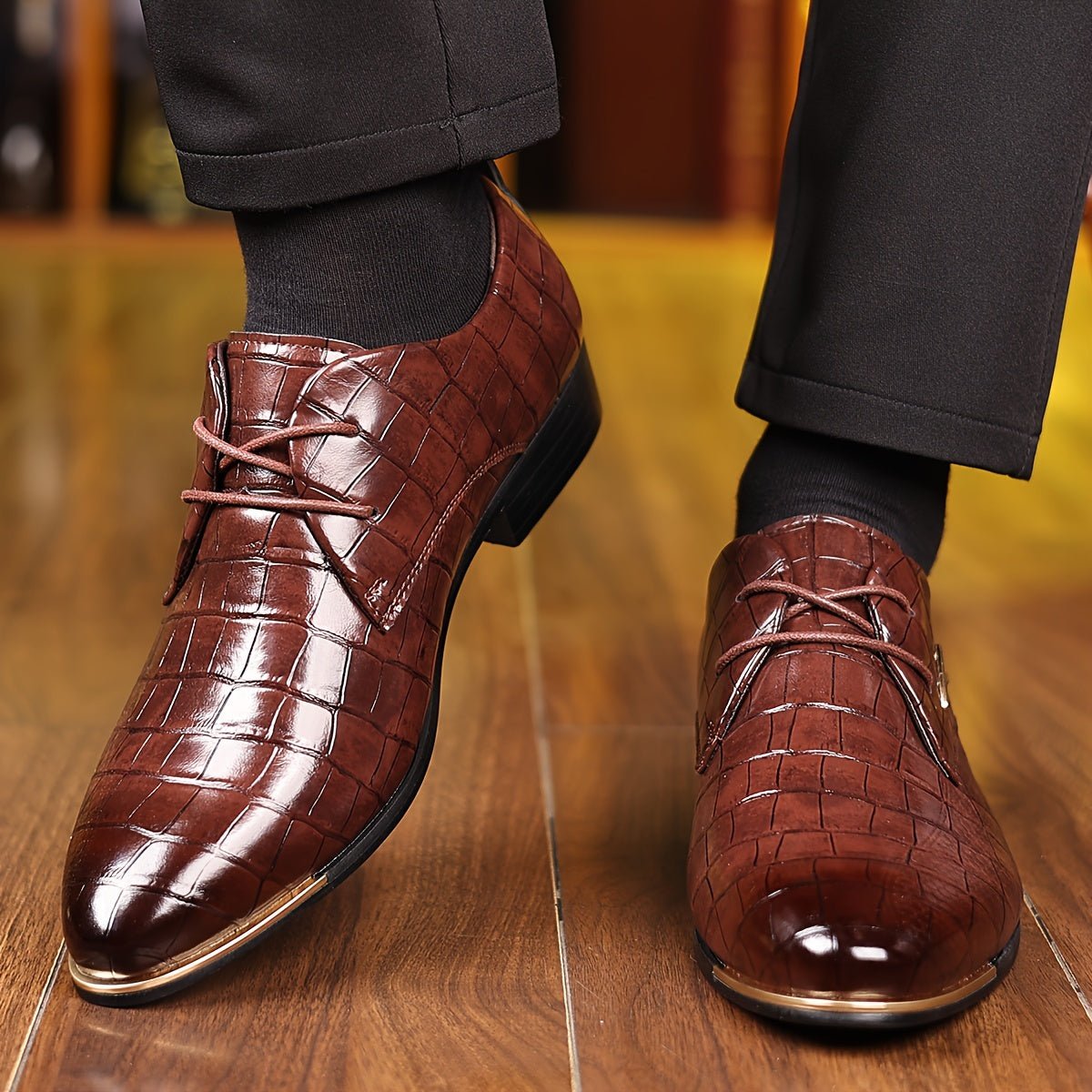 Marcus - Men's Lace-Up Derby Dress Shoes with Croc-Embossed Texture - Shoes - Dark Brown - Davies & Cooper
