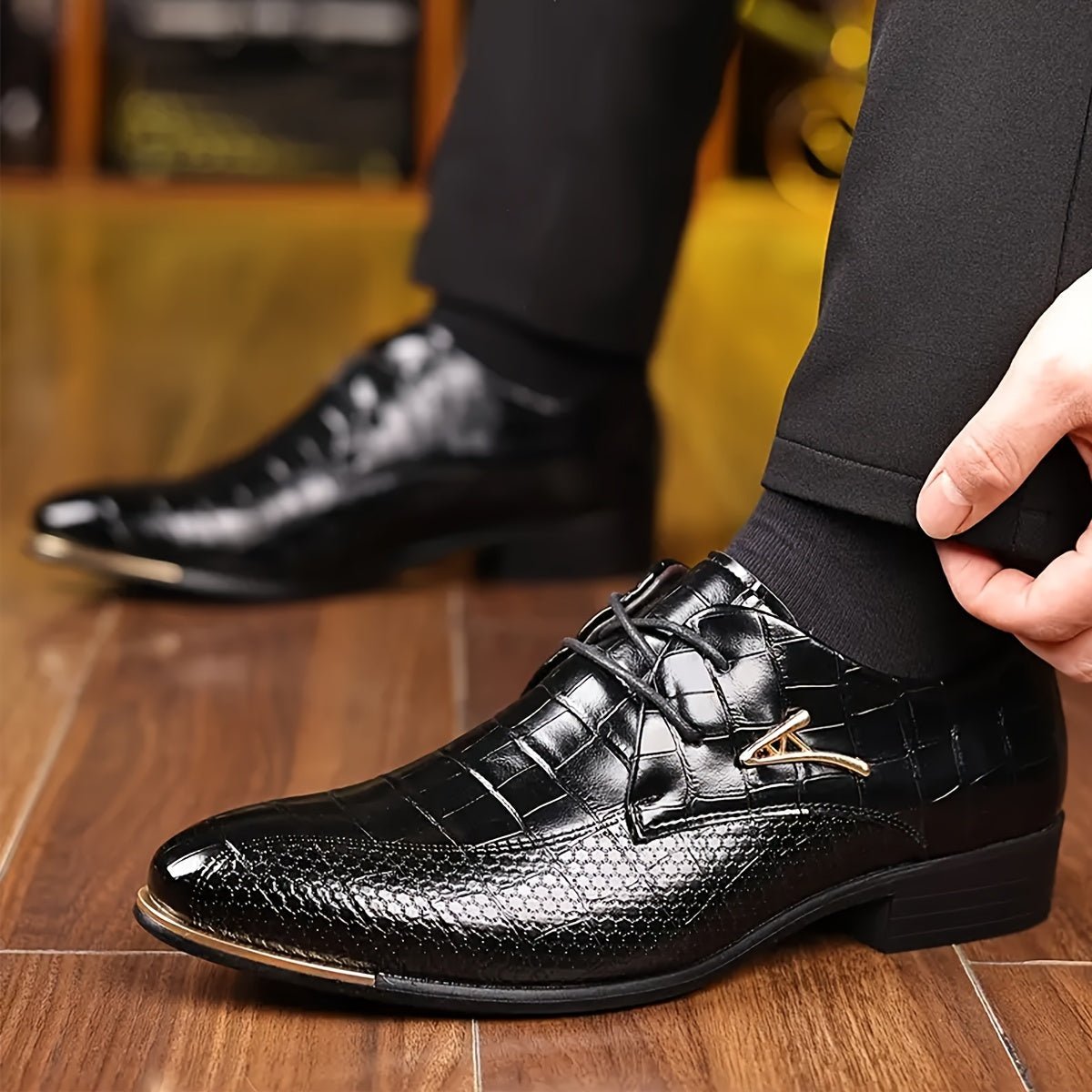 Marcus - Men's Lace-Up Derby Dress Shoes with Croc-Embossed Texture - Shoes - Black - Davies & Cooper