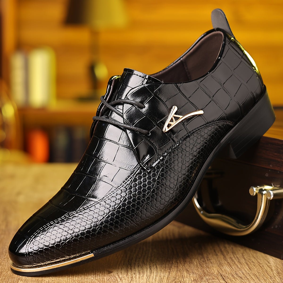 Marcus - Men's Lace-Up Derby Dress Shoes with Croc-Embossed Texture - Shoes - Black - Davies & Cooper