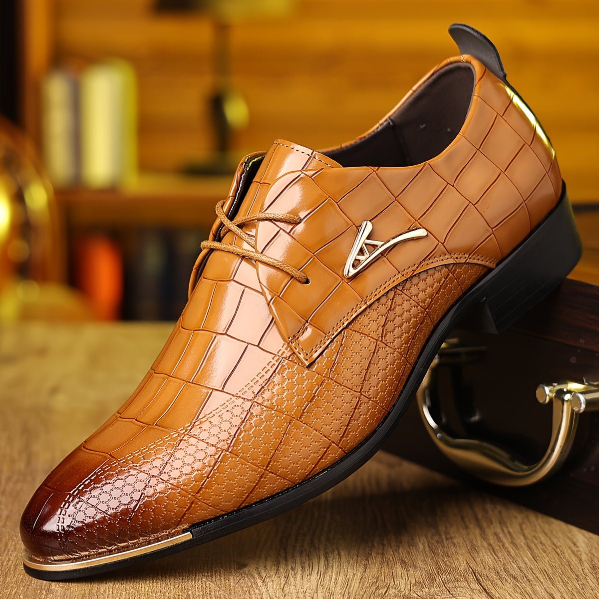 Marcus - Men's Lace-Up Derby Dress Shoes with Croc-Embossed Texture - Shoes - Light Brown - Davies & Cooper