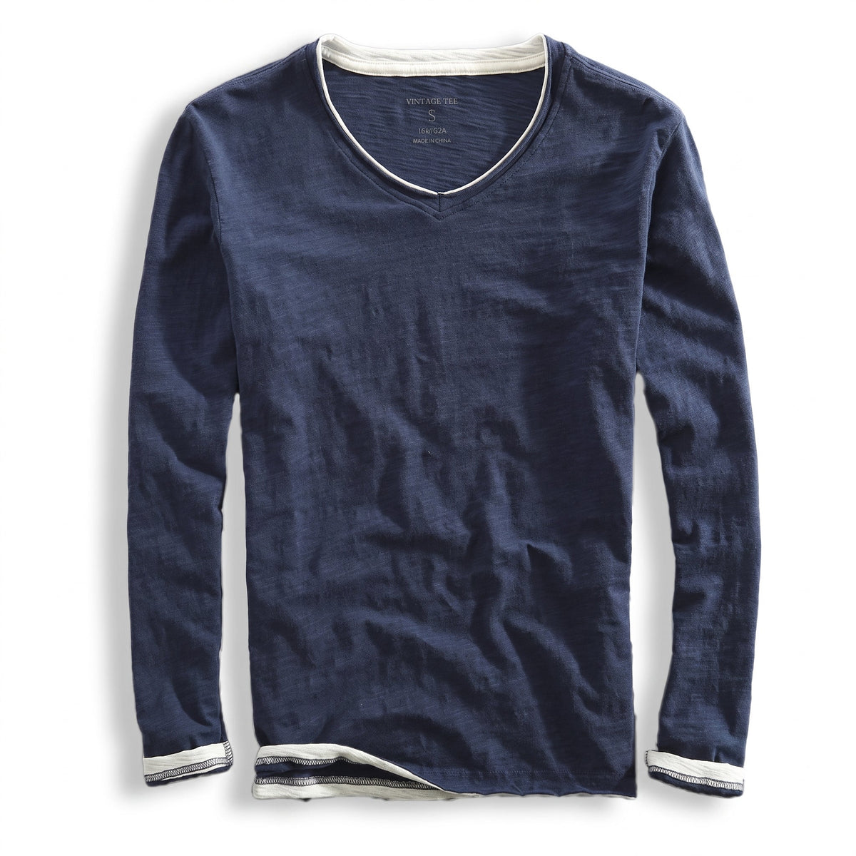 Marcus - Men's Layered V-Neck Long Sleeve T-Shirt with Contrast Trim - T-Shirts - Navy Blue - Davies & Cooper