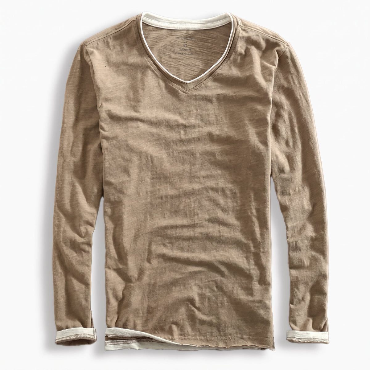 Marcus - Men's Layered V-Neck Long Sleeve T-Shirt with Contrast Trim - T-Shirts - Brown - Davies & Cooper