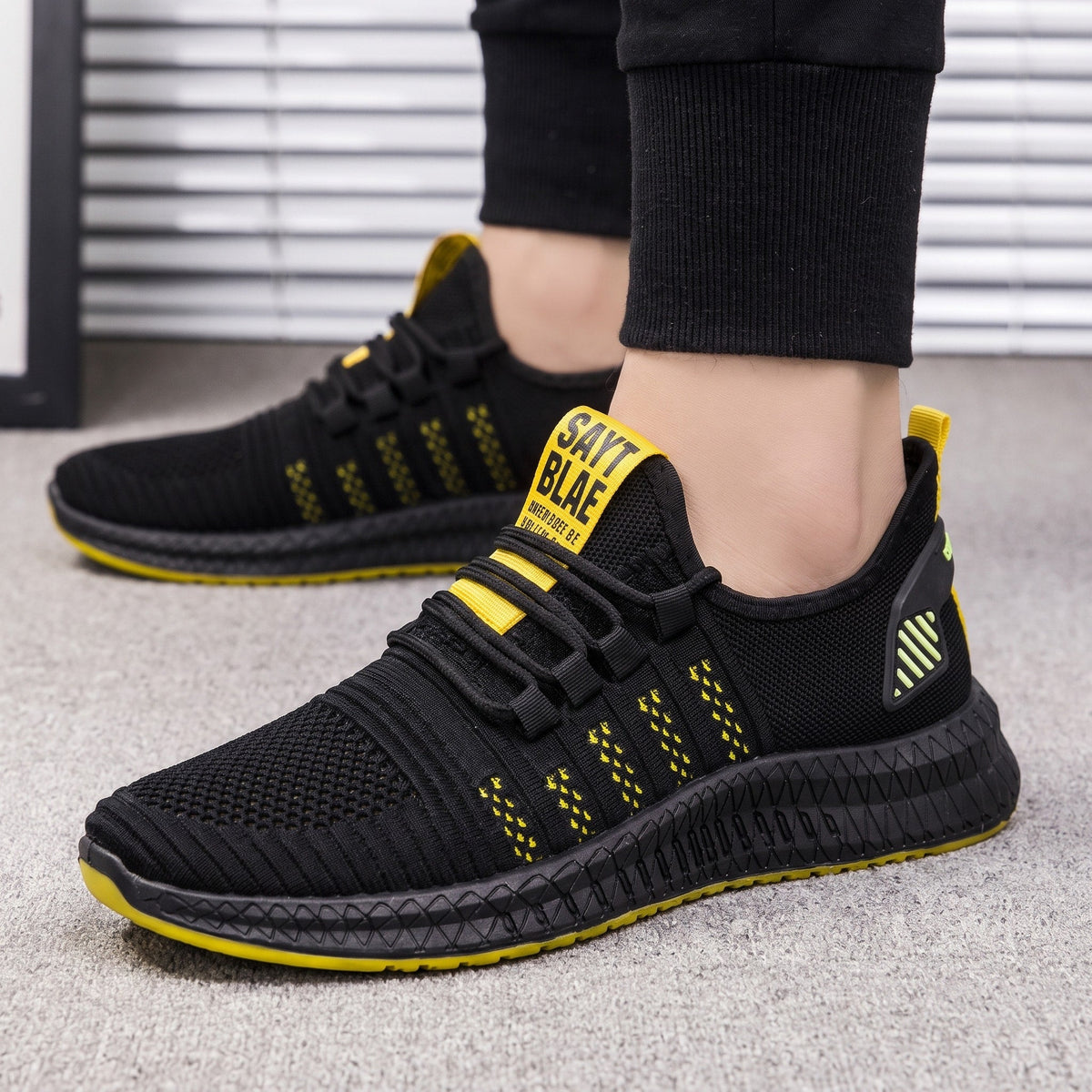Marcus - Men's Lightweight Knit Trainers with Lace-Up Closure and Contrast Sole - Sneakers - Yellow - Davies & Cooper