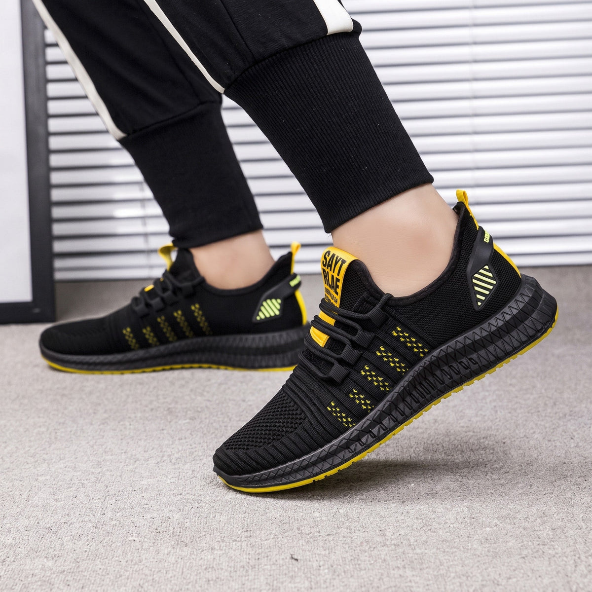 Marcus - Men's Lightweight Knit Trainers with Lace-Up Closure and Contrast Sole - Sneakers - Yellow - Davies & Cooper