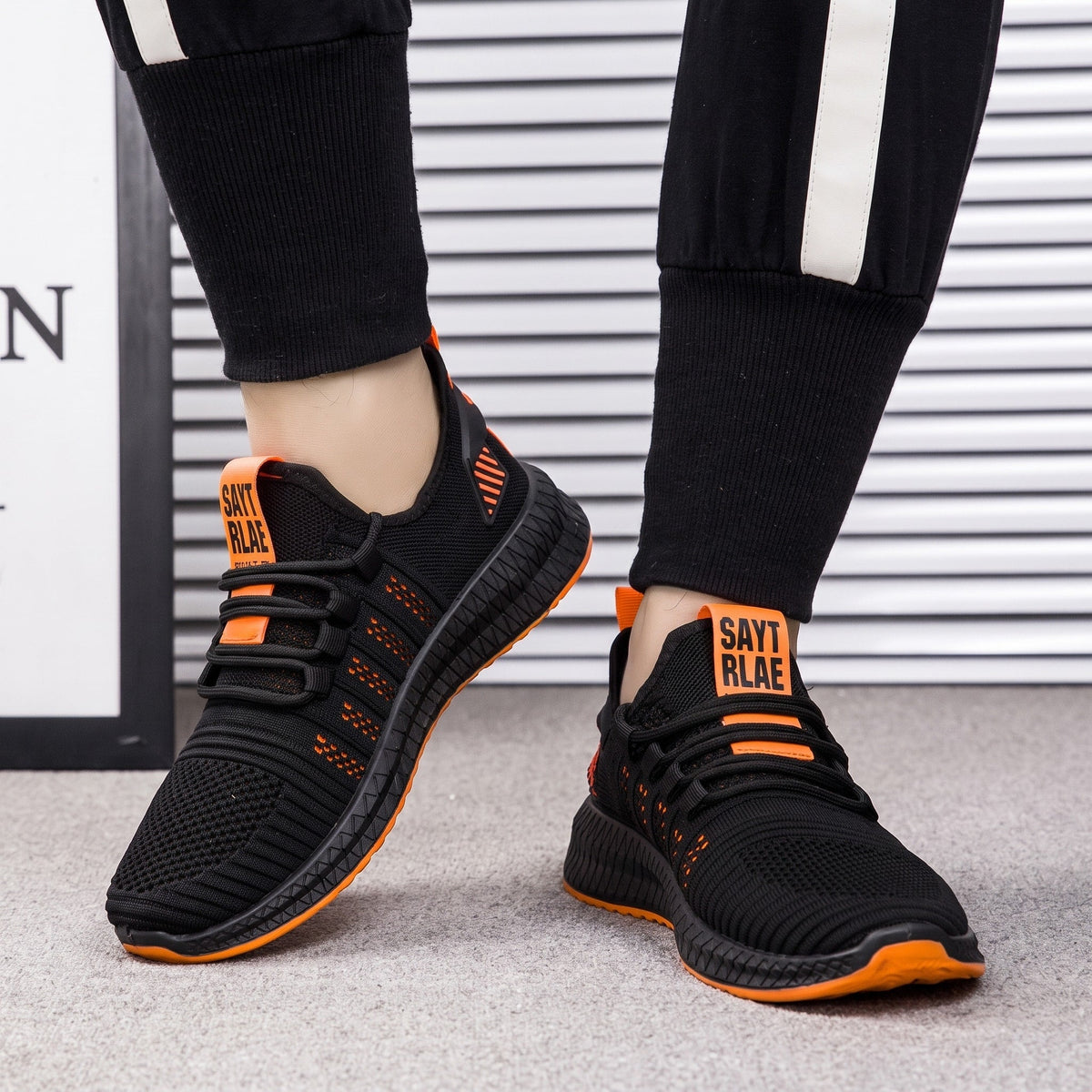 Marcus - Men's Lightweight Knit Trainers with Lace-Up Closure and Contrast Sole - Sneakers - Orange - Davies & Cooper