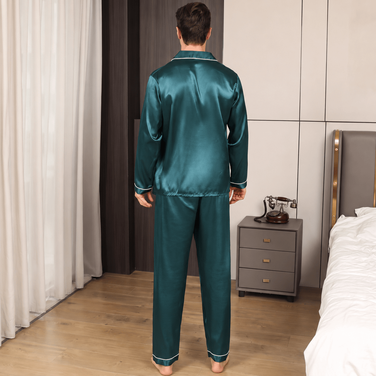 Marcus - Men's Long Sleeve Button-Front Pyjama Set with Contrast Piping - Pajamas - Green - Davies & Cooper