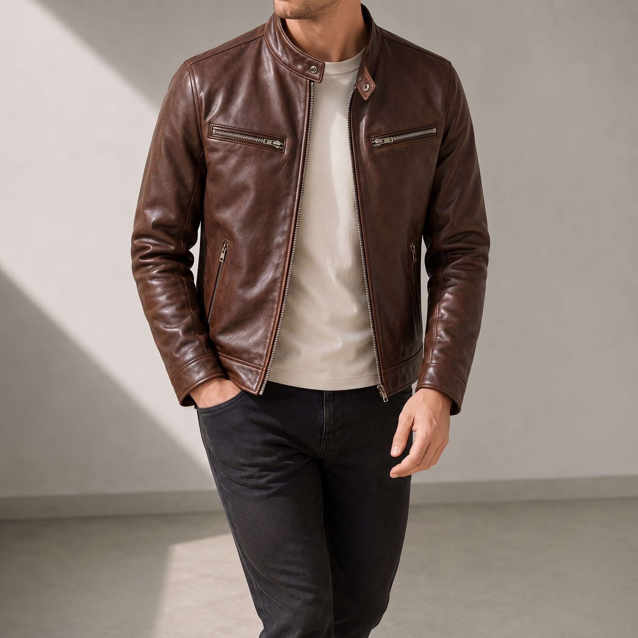 Marcus - Men's Outer Jacket with Quilted Collar and Zip Pockets - Sport Jackets - Brown - Davies & Cooper