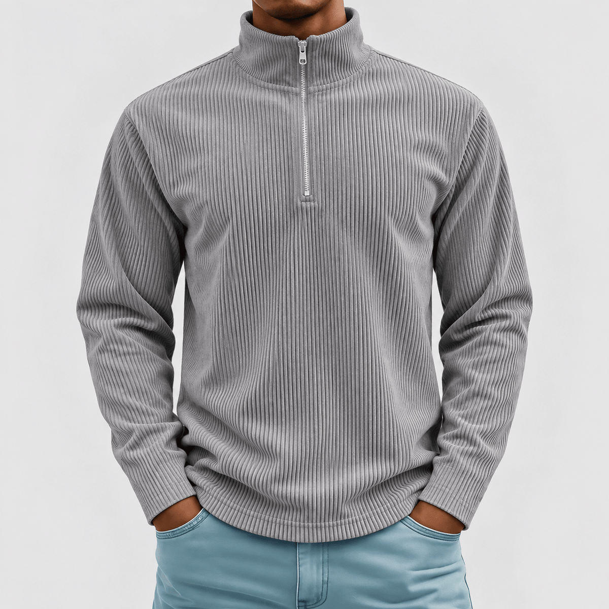 Marcus - Men's Quarter-Zip Ribbed Jumper with Standing Collar - Grey - Davies & Cooper