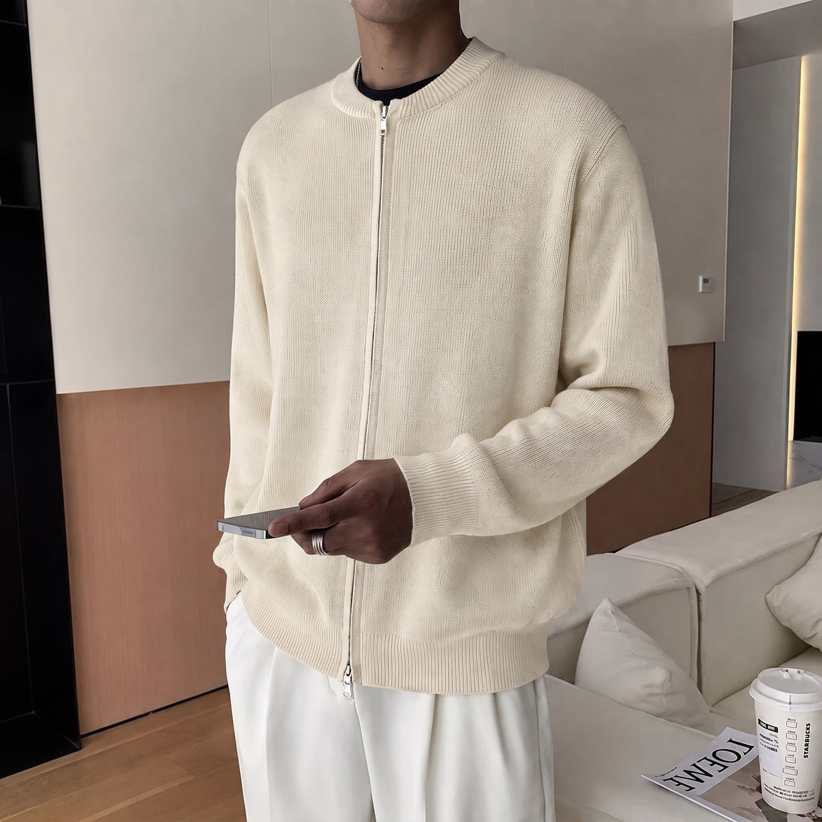 Marcus - Men's Ribbed Zip-Up Cardigan with Bomber Collar - Cardigans - Beige - Davies & Cooper