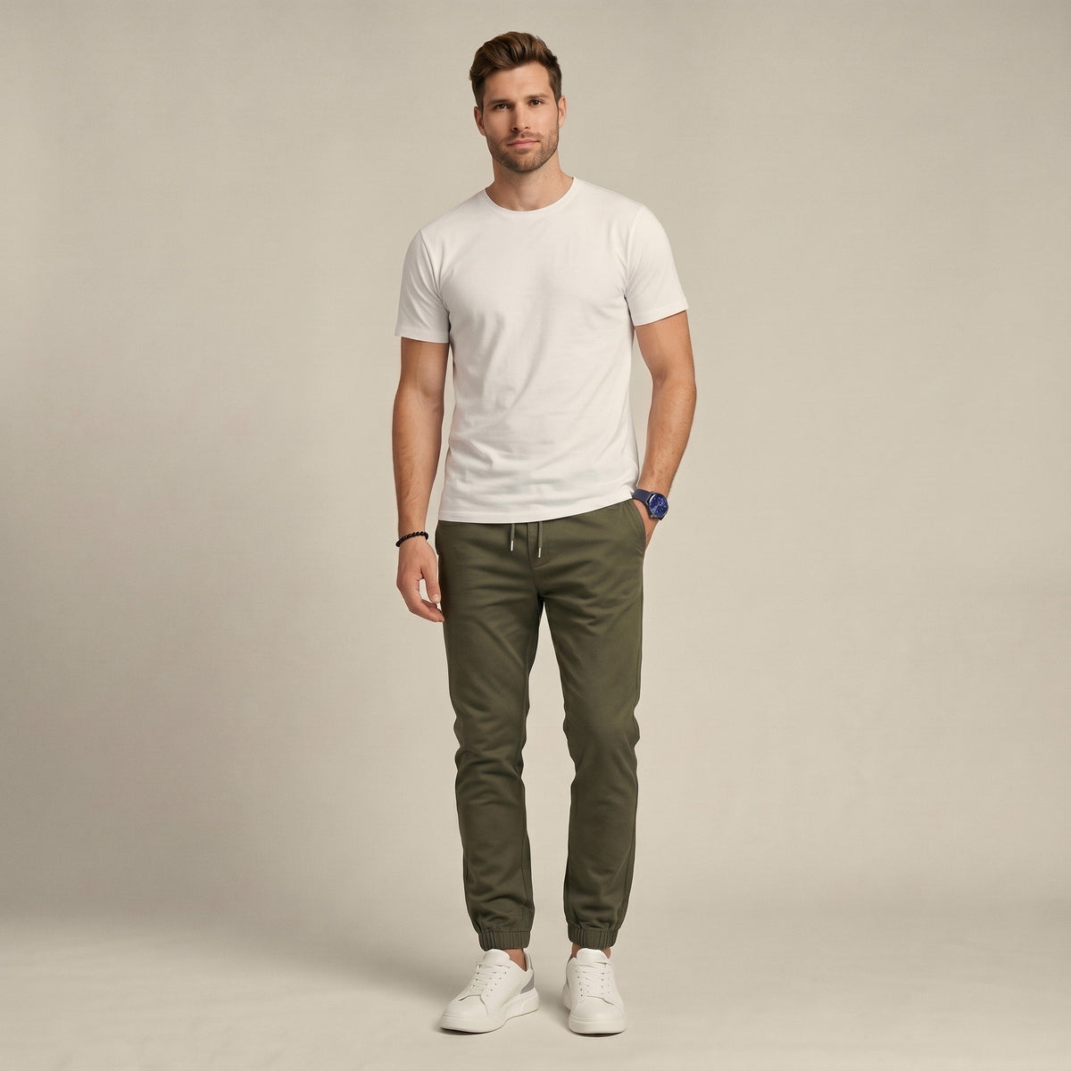 Marcus - Men's Slim Fit Elasticated Waist Jogger Trousers with Drawstring - Joggers - Army Green - Davies & Cooper
