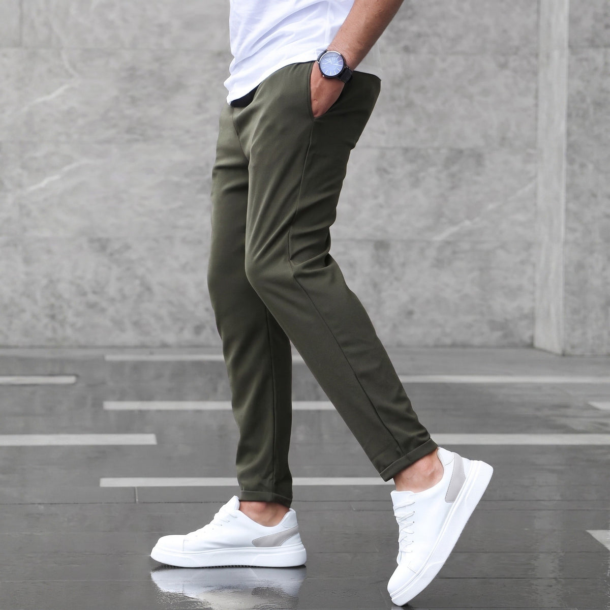 Marcus - Men's Slim Fit Elasticated Waist Jogger Trousers with Drawstring - Joggers - Army Green - Davies & Cooper
