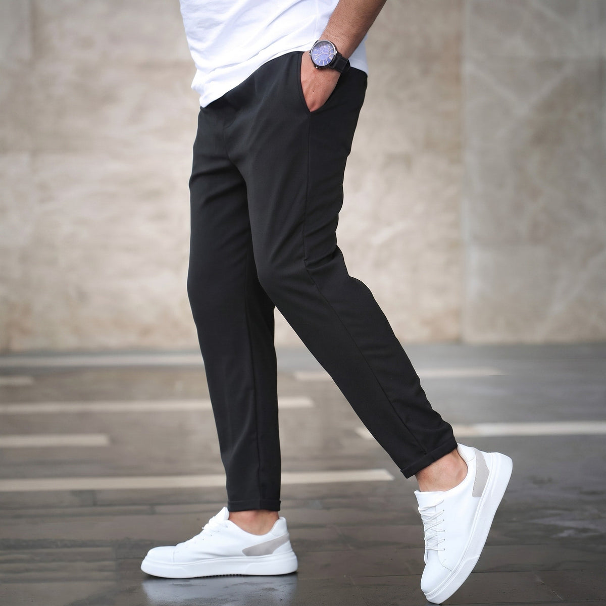 Marcus - Men's Slim Fit Elasticated Waist Jogger Trousers with Drawstring - Joggers - Black - Davies & Cooper