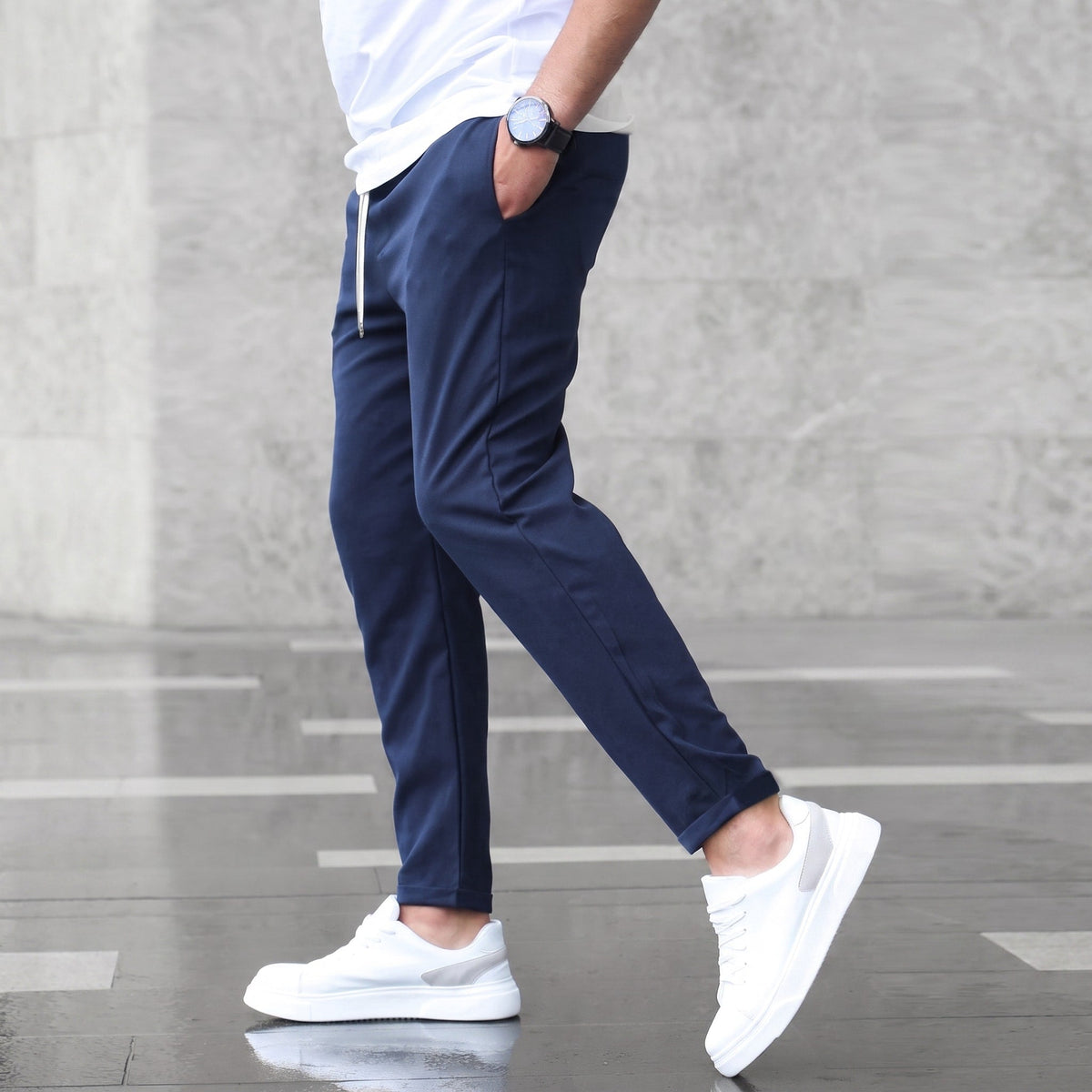 Marcus - Men's Slim Fit Elasticated Waist Jogger Trousers with Drawstring - Joggers - Navy Blue - Davies & Cooper