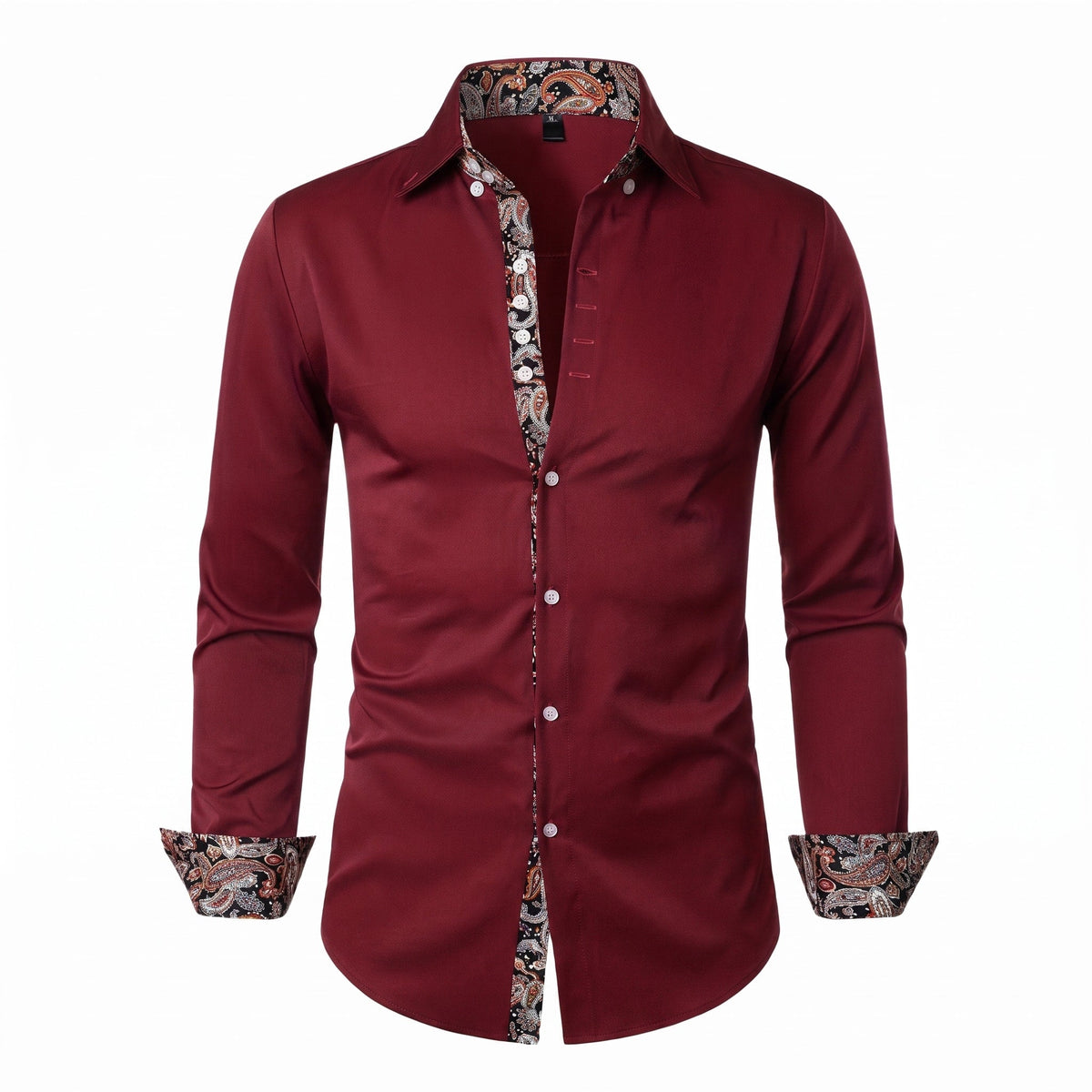Marcus - Men's Slim Fit Long Sleeve Shirt with Paisley Trim - Shirts - Burgundy - Davies & Cooper