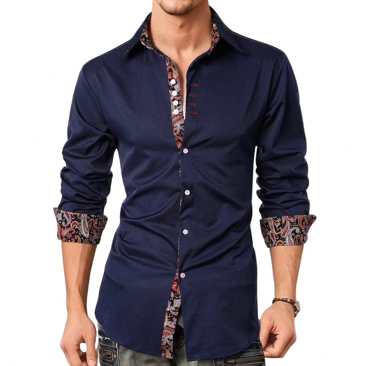 Marcus - Men's Slim Fit Long Sleeve Shirt with Paisley Trim - Shirts - Navy Blue - Davies & Cooper