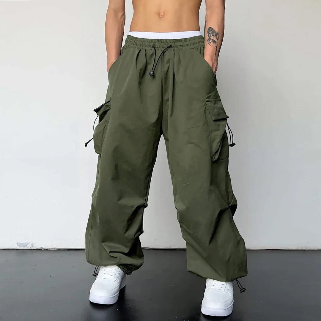 Marcus - Men's Wide-Leg Cargo Trousers with Drawstring Waist - Cargo Pants - Green - Davies & Cooper