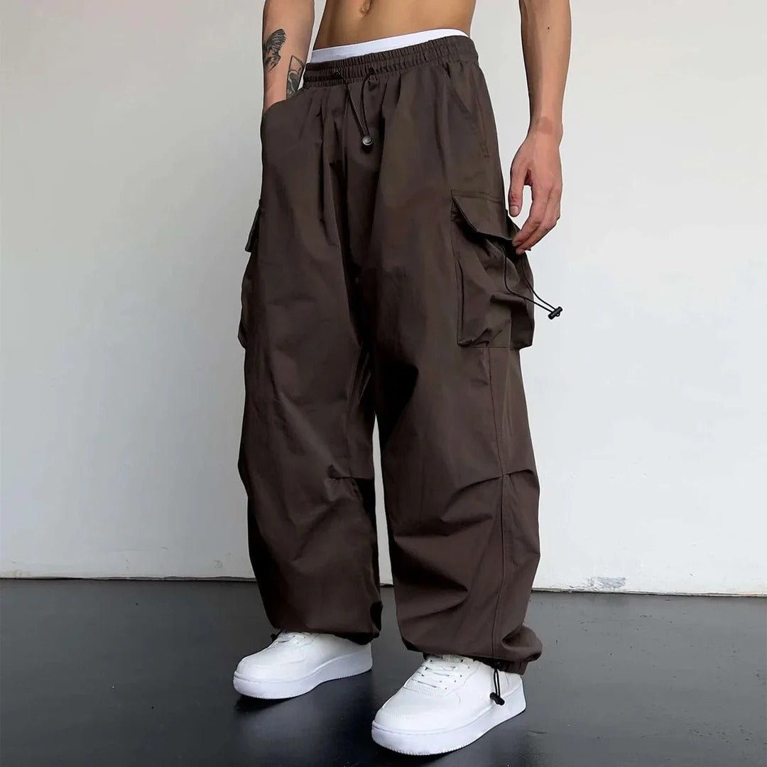 Marcus - Men's Wide-Leg Cargo Trousers with Drawstring Waist - Cargo Pants - Brown - Davies & Cooper