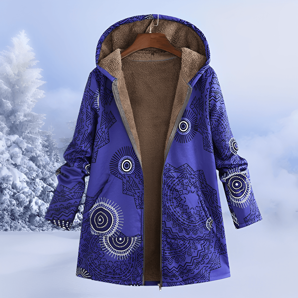 Margaret - Women's Hooded Floral Longline Jacket - Parkas Jacket - Blue - Davies & Cooper