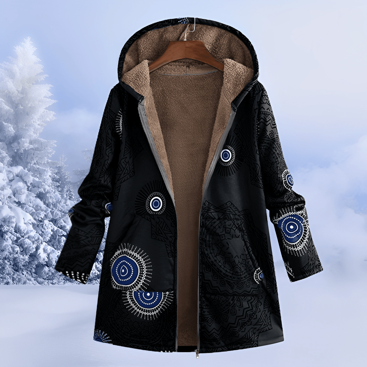 Margaret - Women's Hooded Floral Longline Jacket - Parkas Jacket - Black - Davies & Cooper