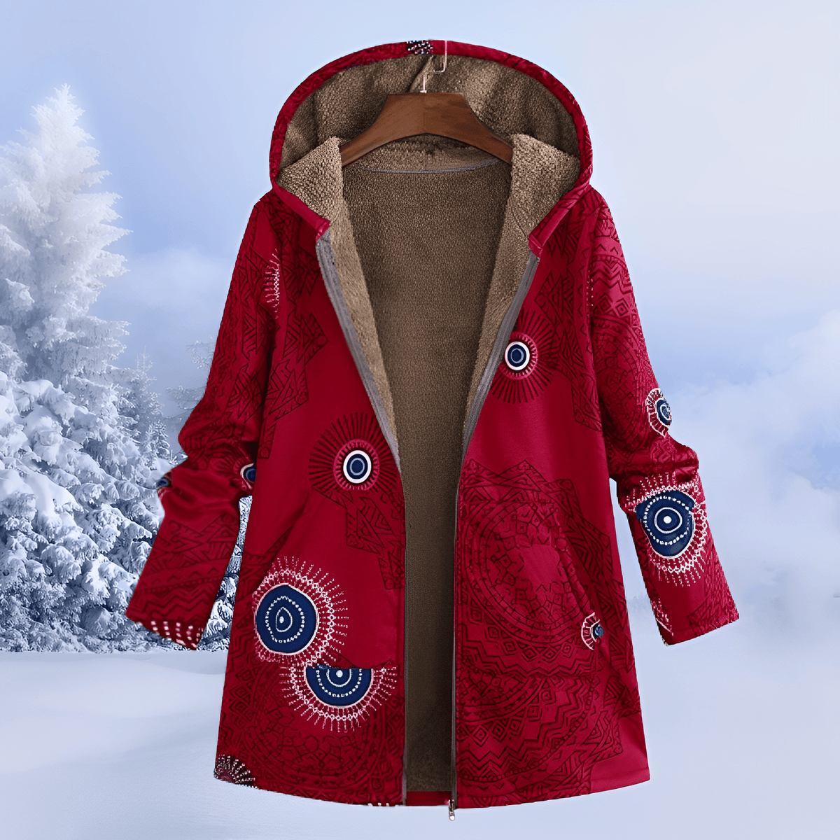 Margaret - Women's Hooded Floral Longline Jacket - Parkas Jacket - Red - Davies & Cooper