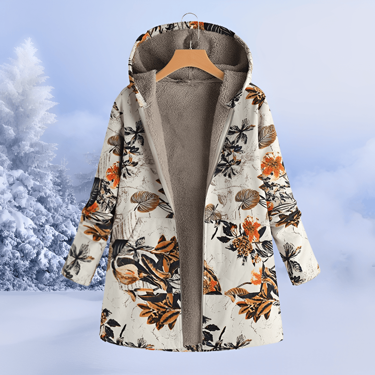 Margaret - Women's Hooded Floral Longline Jacket - Parkas Jacket - Orange - Davies & Cooper