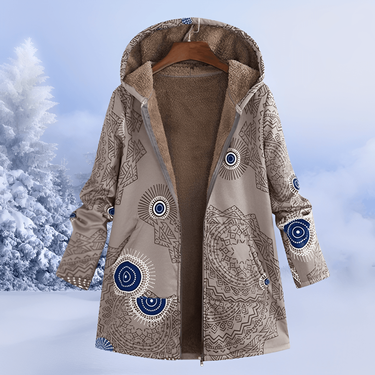 Margaret - Women's Hooded Floral Longline Jacket - Parkas Jacket - Khaki - Davies & Cooper