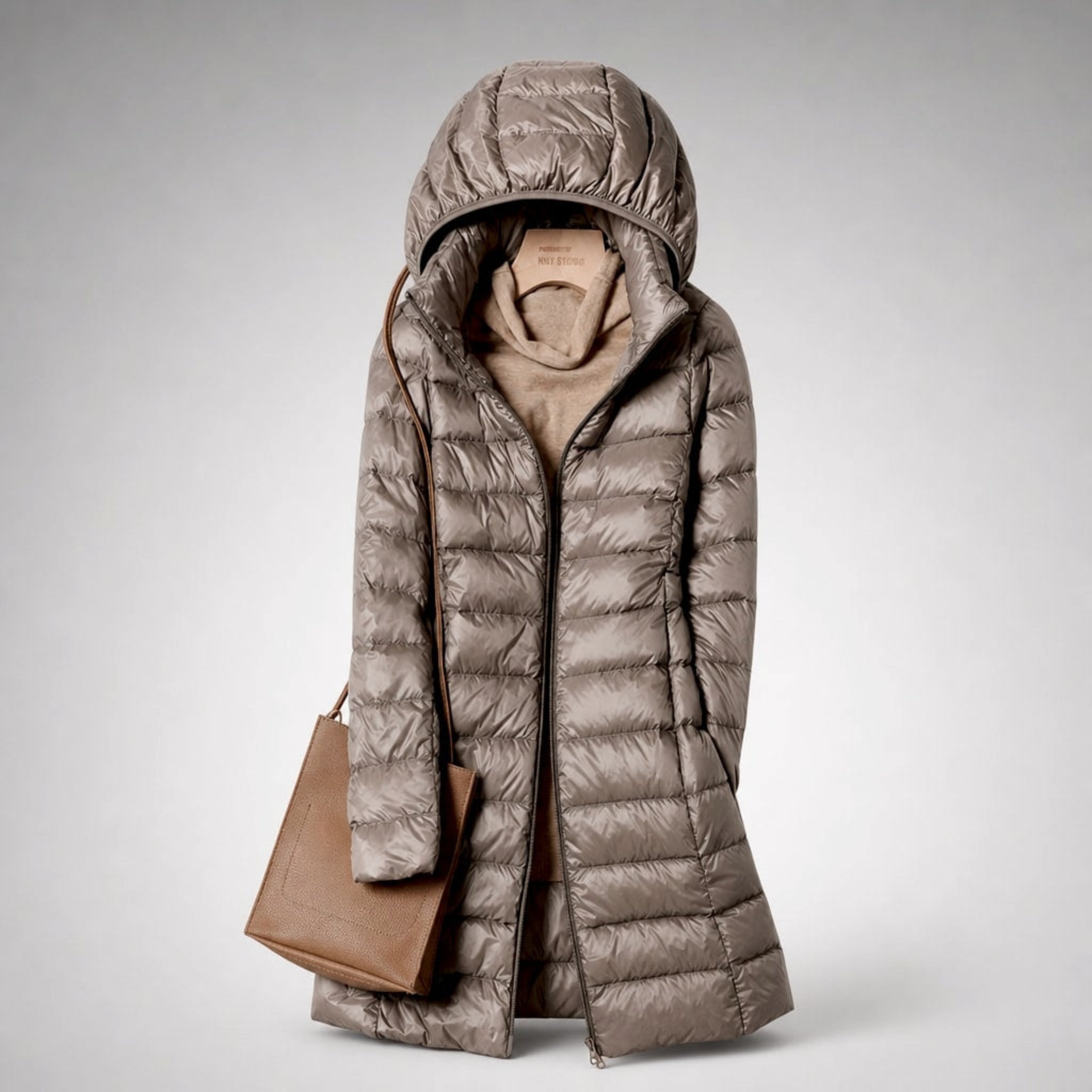 Margaret - Women's Longline Lightweight Puffer Jacket - Puffer Jackets - Khaki - Davies & Cooper