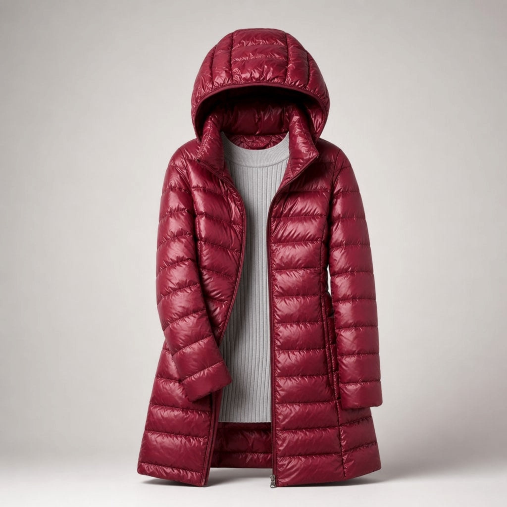 Margaret - Women's Longline Lightweight Puffer Jacket - Puffer Jackets - Burgundy - Davies & Cooper