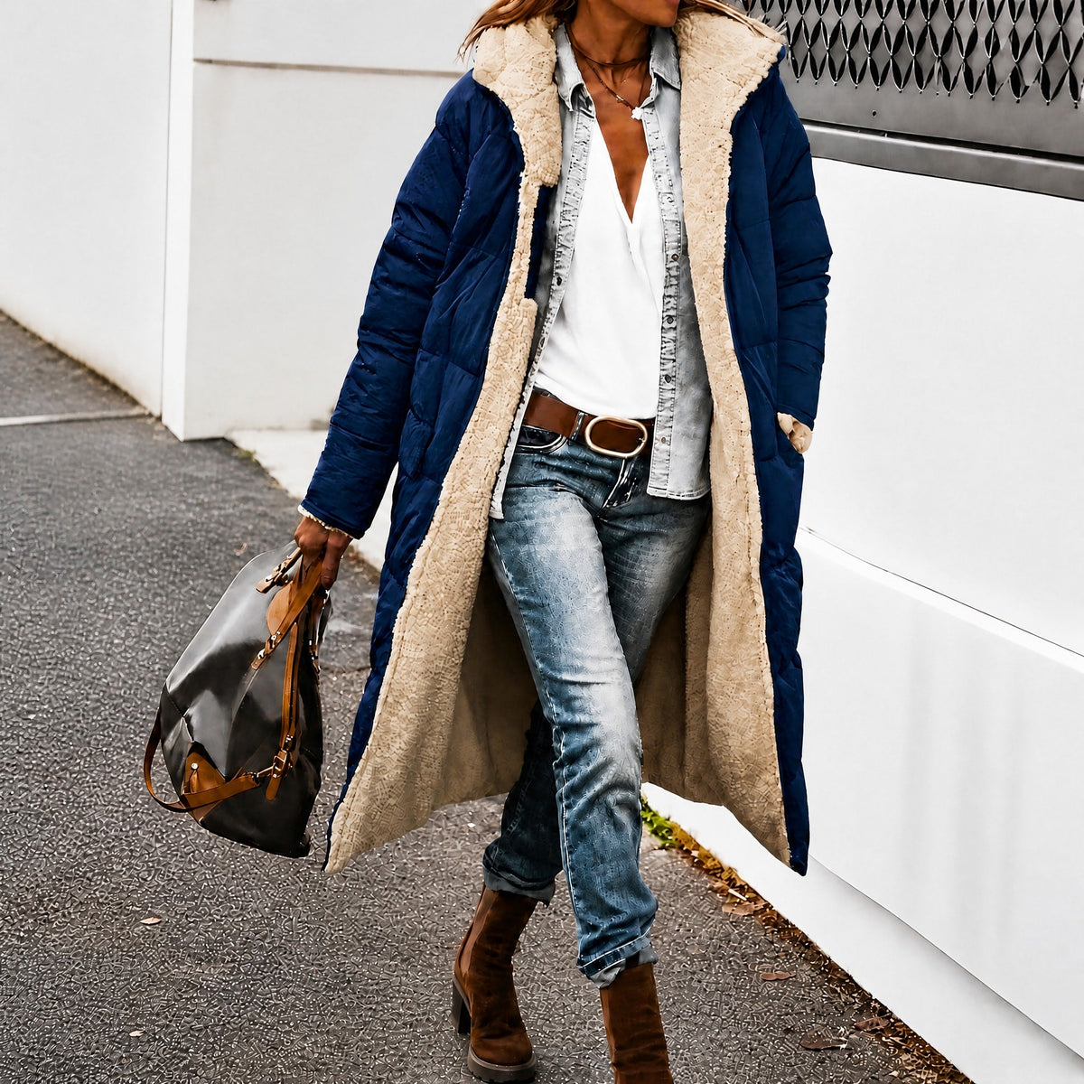 Margaret - Women's Longline Puffer Coat with Contrast Lining - Coats & Jackets - Navy Blue - Davies & Cooper