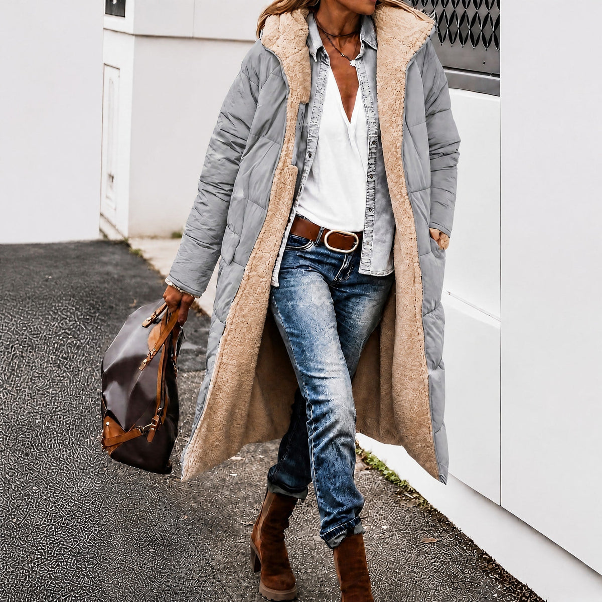 Margaret - Women's Longline Puffer Coat with Contrast Lining - Coats & Jackets - Grey - Davies & Cooper