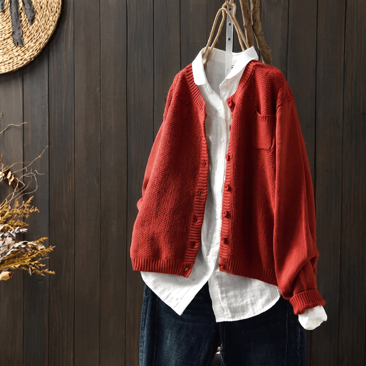 Margaret - Women's Oversized Chunky Knit Cardigan with Patch Pocket - Cardigans - Red - Davies & Cooper