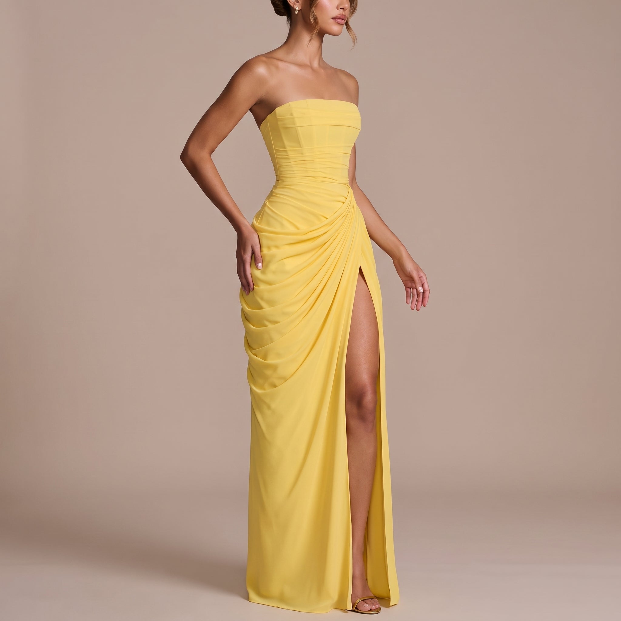 Margot - Women's Strapless Ruched Draped Bridesmaid Maxi Dress - Maxi Dress - Yellow - Davies & Cooper