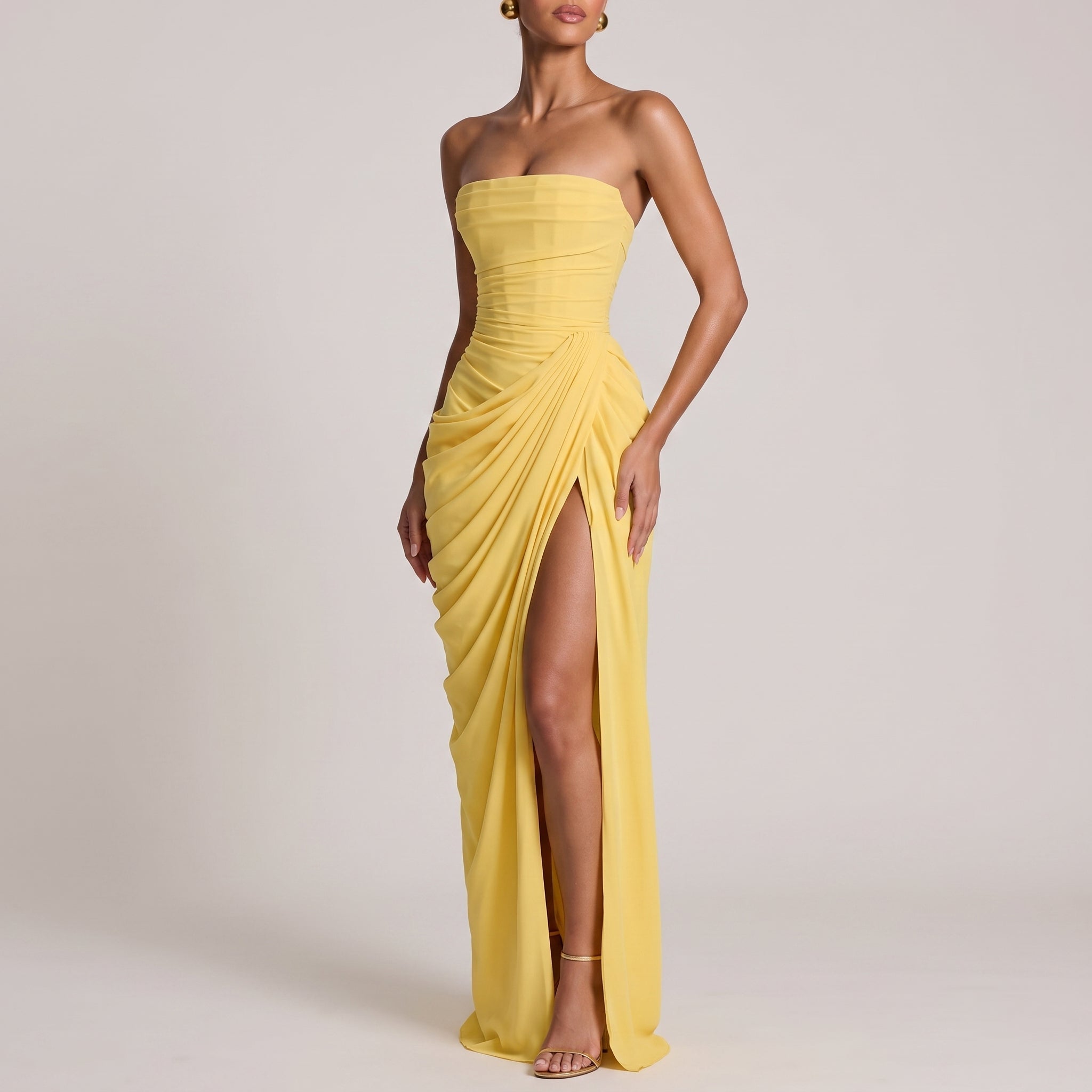Margot - Women's Strapless Ruched Draped Bridesmaid Maxi Dress - Maxi Dress - Yellow - Davies & Cooper