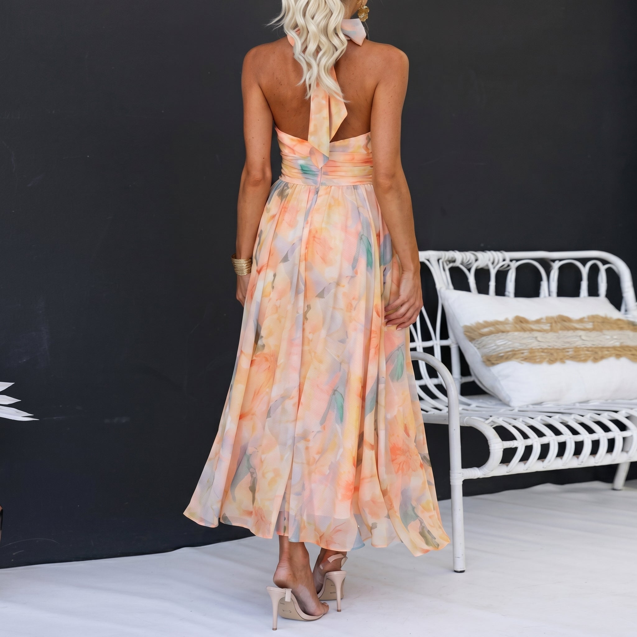 Margot - Women's Wedding Guest Floral Halterneck Midi Dress - Dresses - Peach - Davies & Cooper