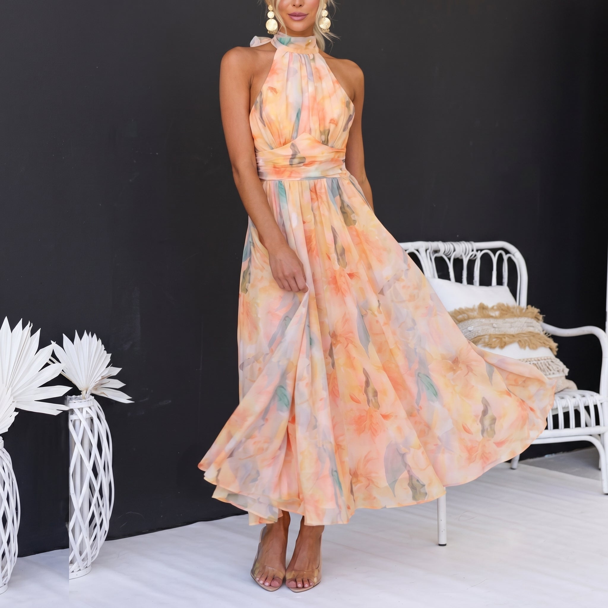 Margot - Women's Wedding Guest Floral Halterneck Midi Dress - Dresses - Peach - Davies & Cooper