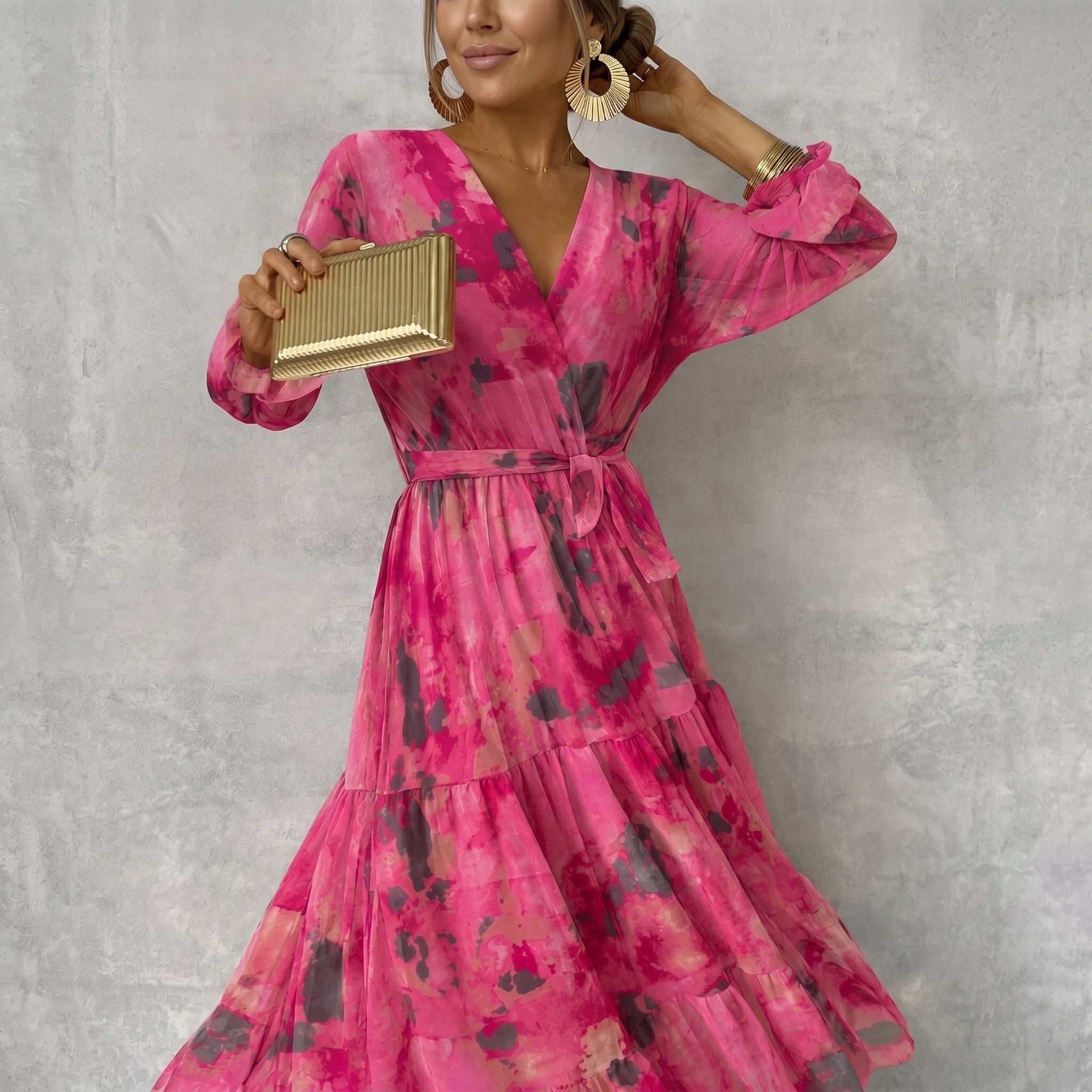 Margot - Women's Wedding Guest Long Sleeve Tiered Maxi Dress - Dresses - Rose Red - Davies & Cooper