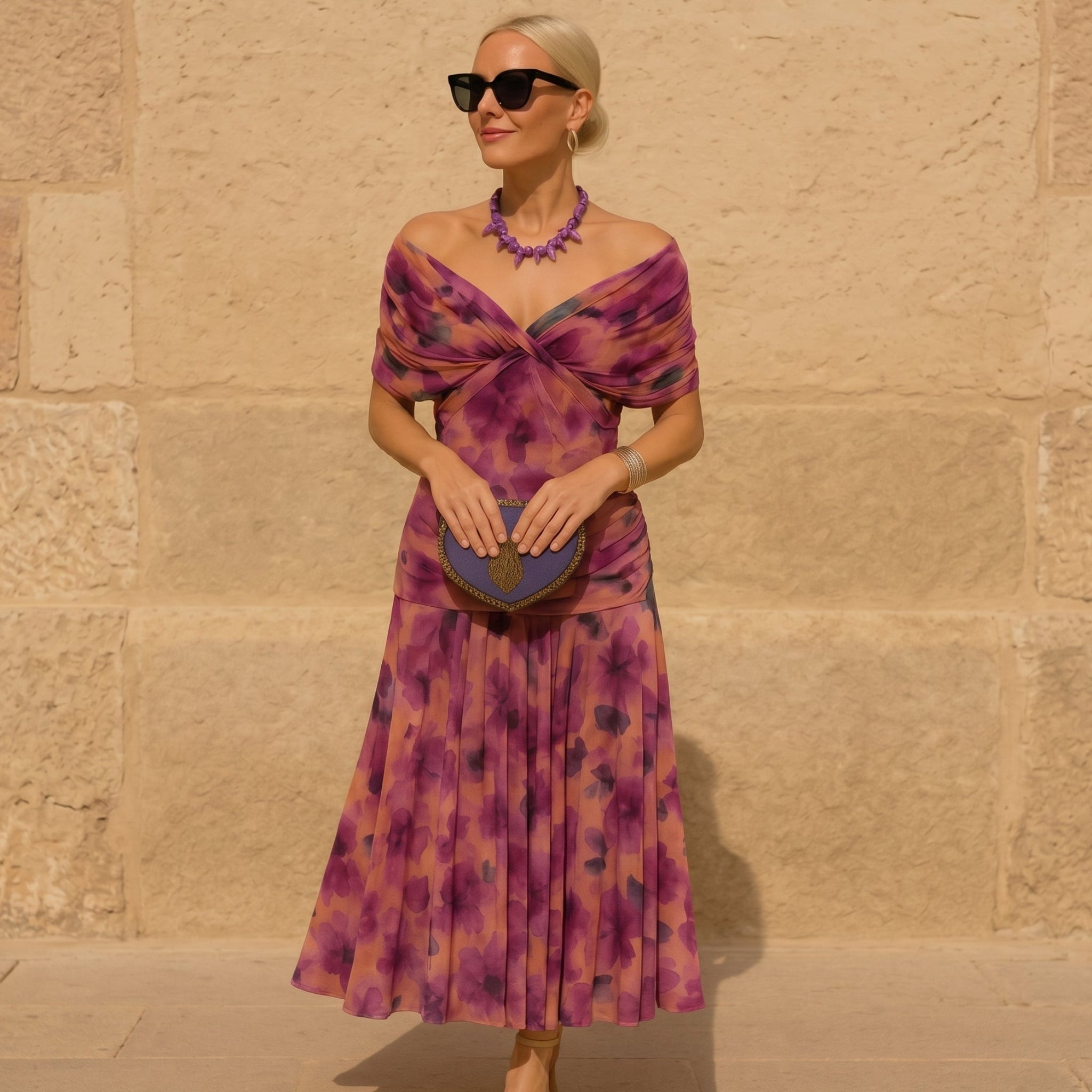 Margot - Women's Wedding Guest Vintage Floral Ruched Midi Dress - Dresses - Purple - Davies & Cooper