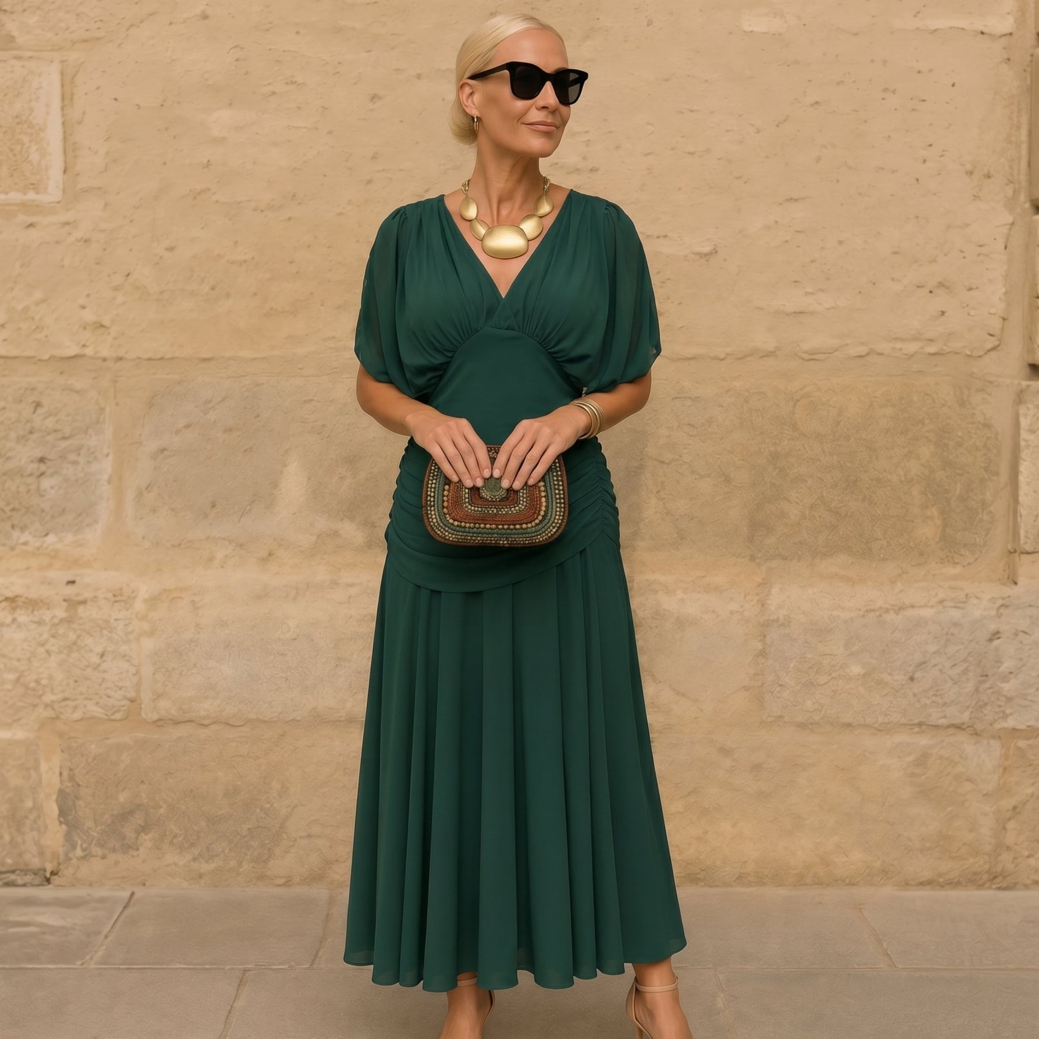 Margot - Women's Wedding Guest Vintage Floral Ruched Midi Dress - Dresses - Dark Green - Davies & Cooper