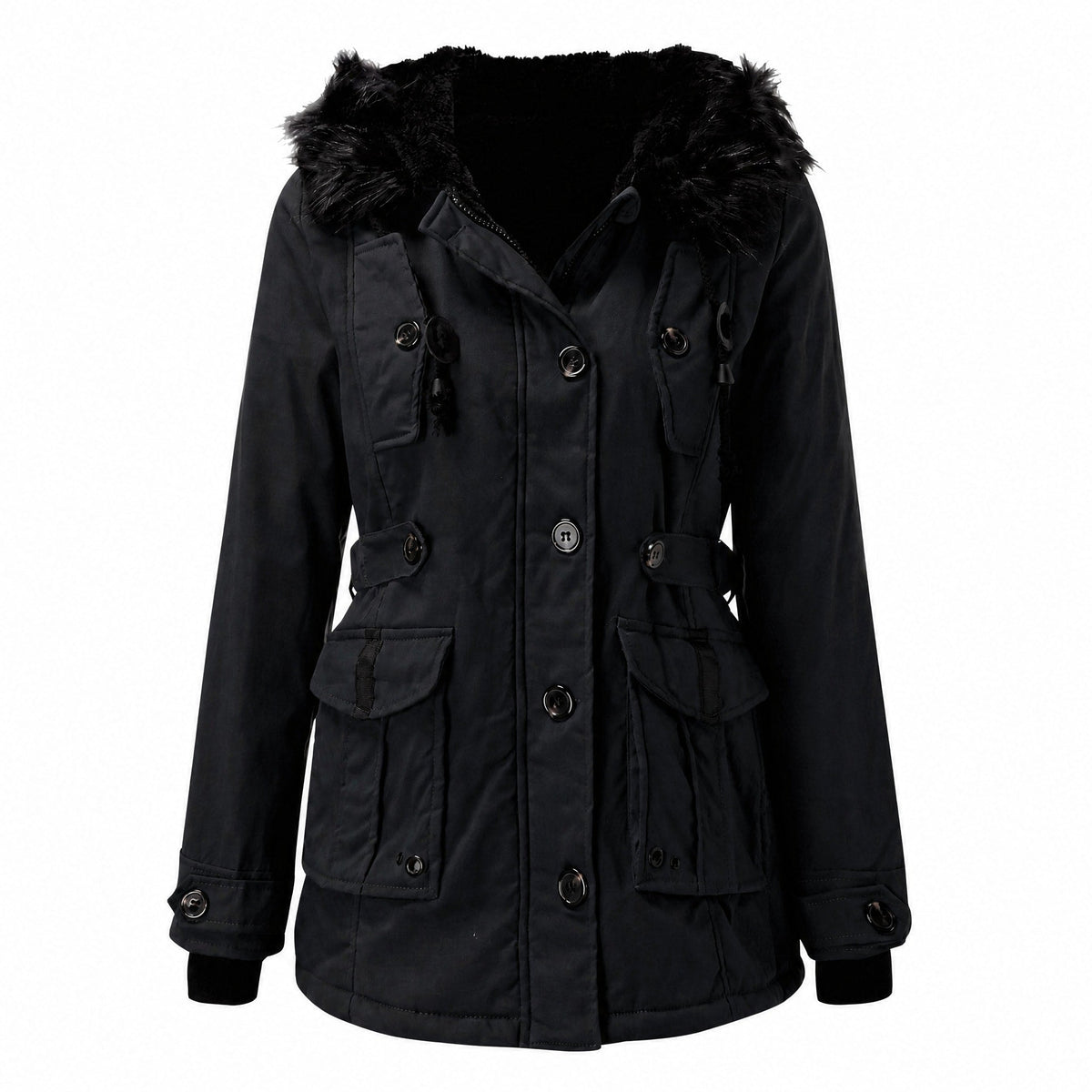 Maria - Women's Hooded Faux Fur Trim Belted Waist Parka Jacket - Coats & Jackets - Black - Davies & Cooper
