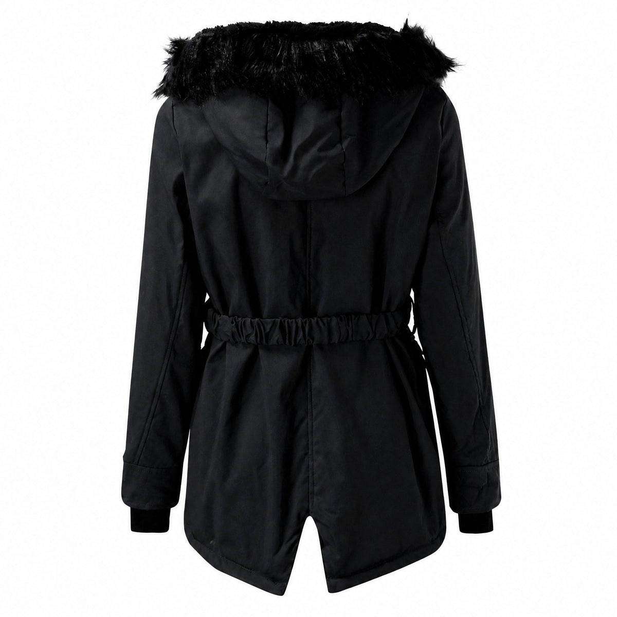 Maria - Women's Hooded Faux Fur Trim Belted Waist Parka Jacket - Coats & Jackets - Black - Davies & Cooper