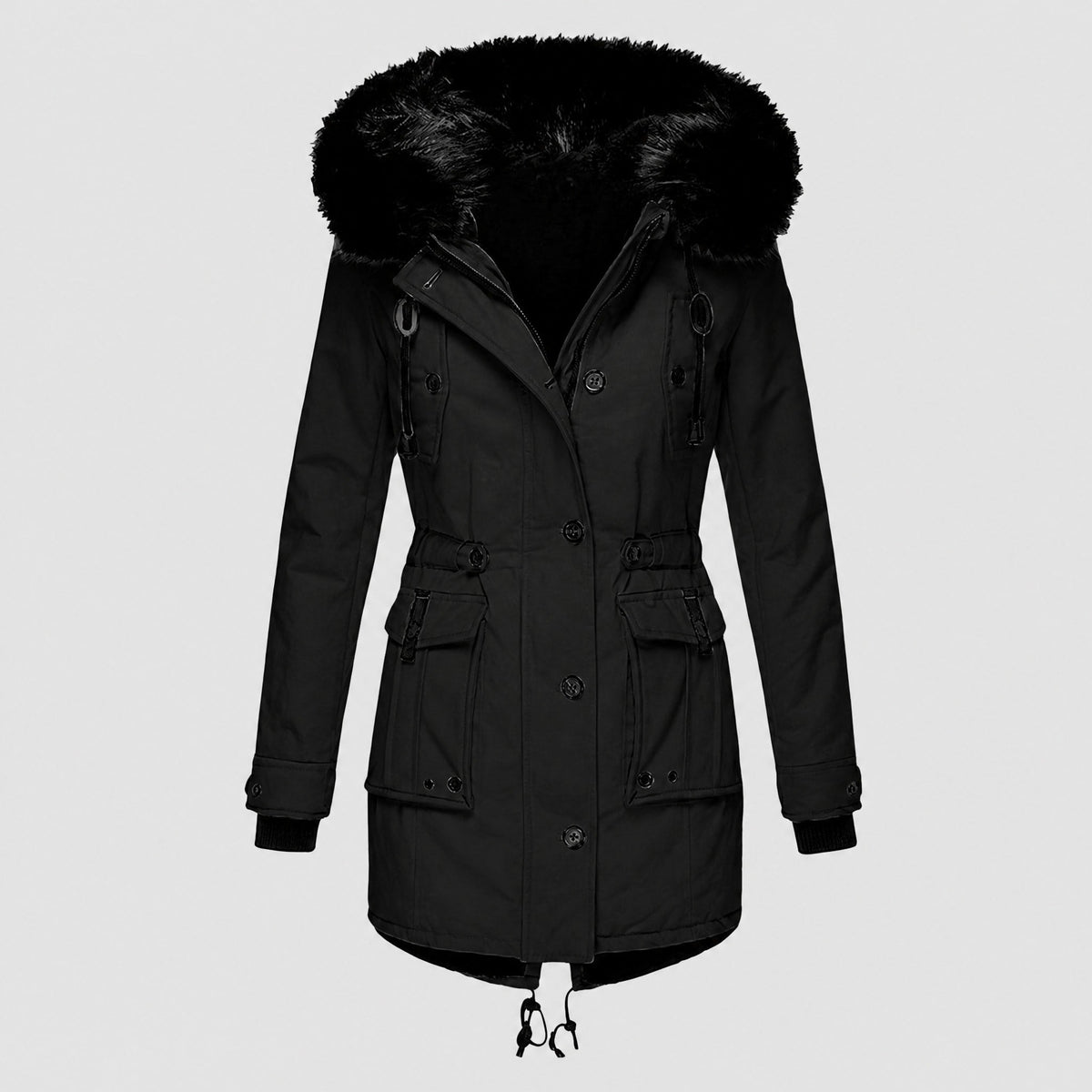 Maria - Women's Hooded Faux Fur Trim Belted Waist Parka Jacket - Coats & Jackets - Black - Davies & Cooper