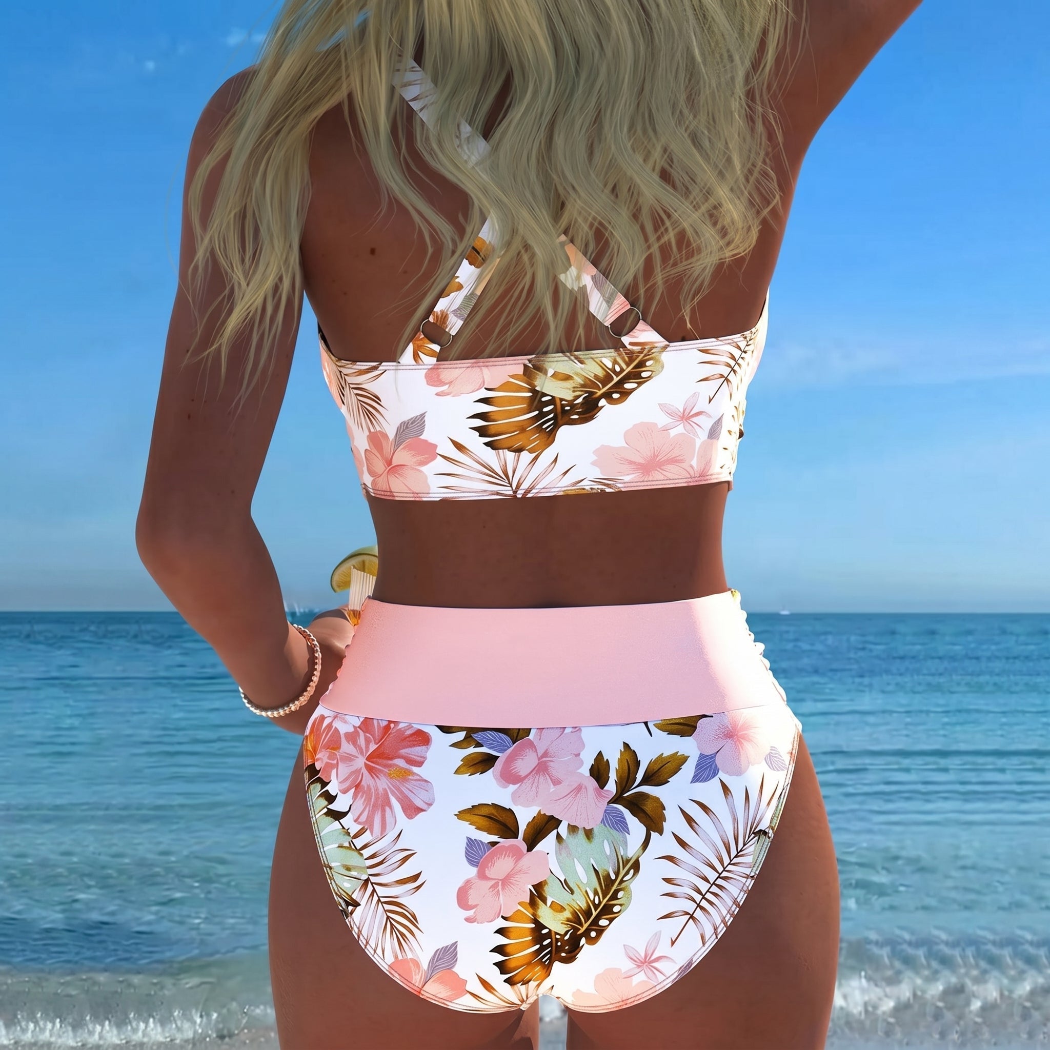 Maya - Women's Floral Wrap High Waisted Bikini Set - Split Bikini - Pink - Davies & Cooper