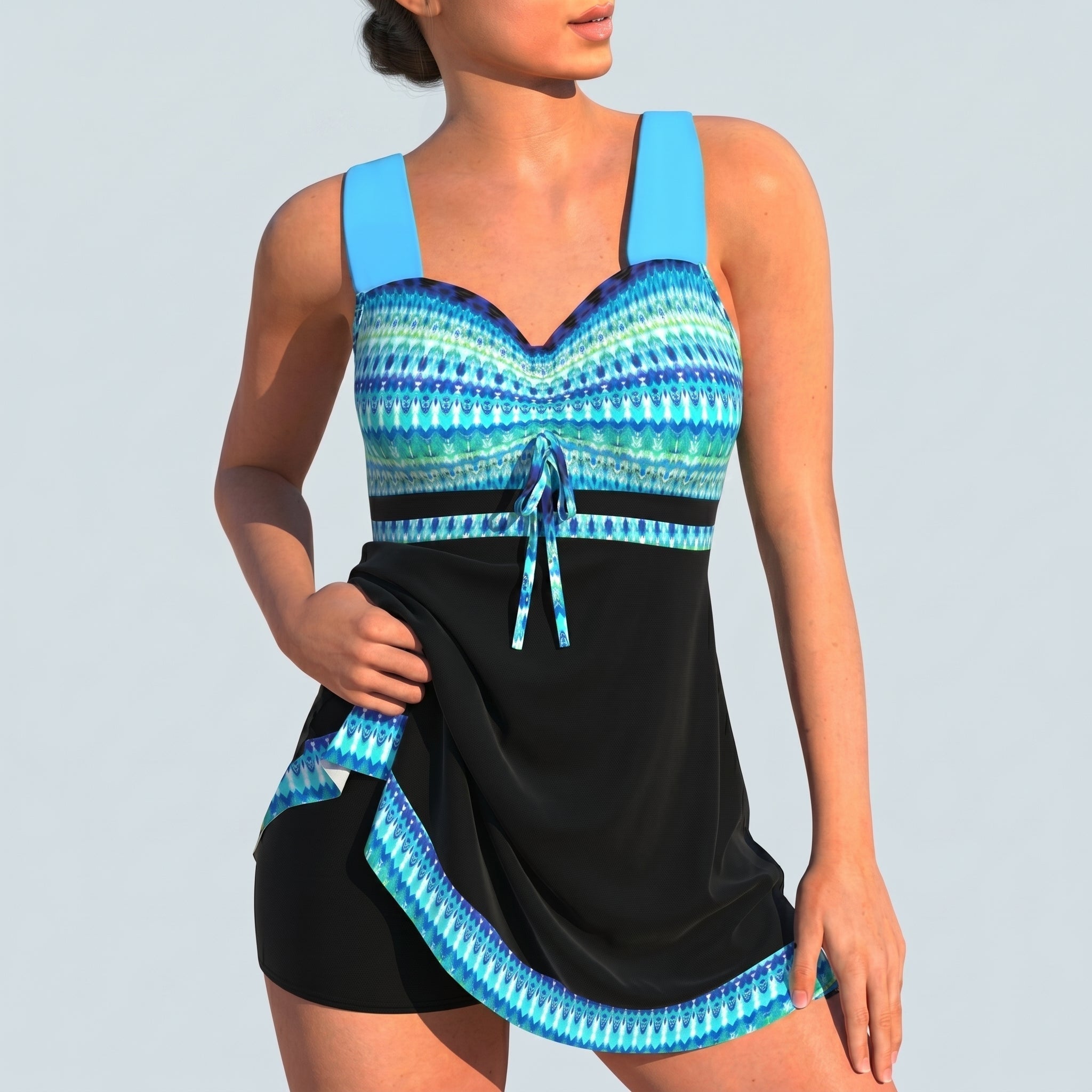 Maya - Women's Summer Geometric Print Ruched Tankini Set - 2-Piece Sets - Blue - Davies & Cooper