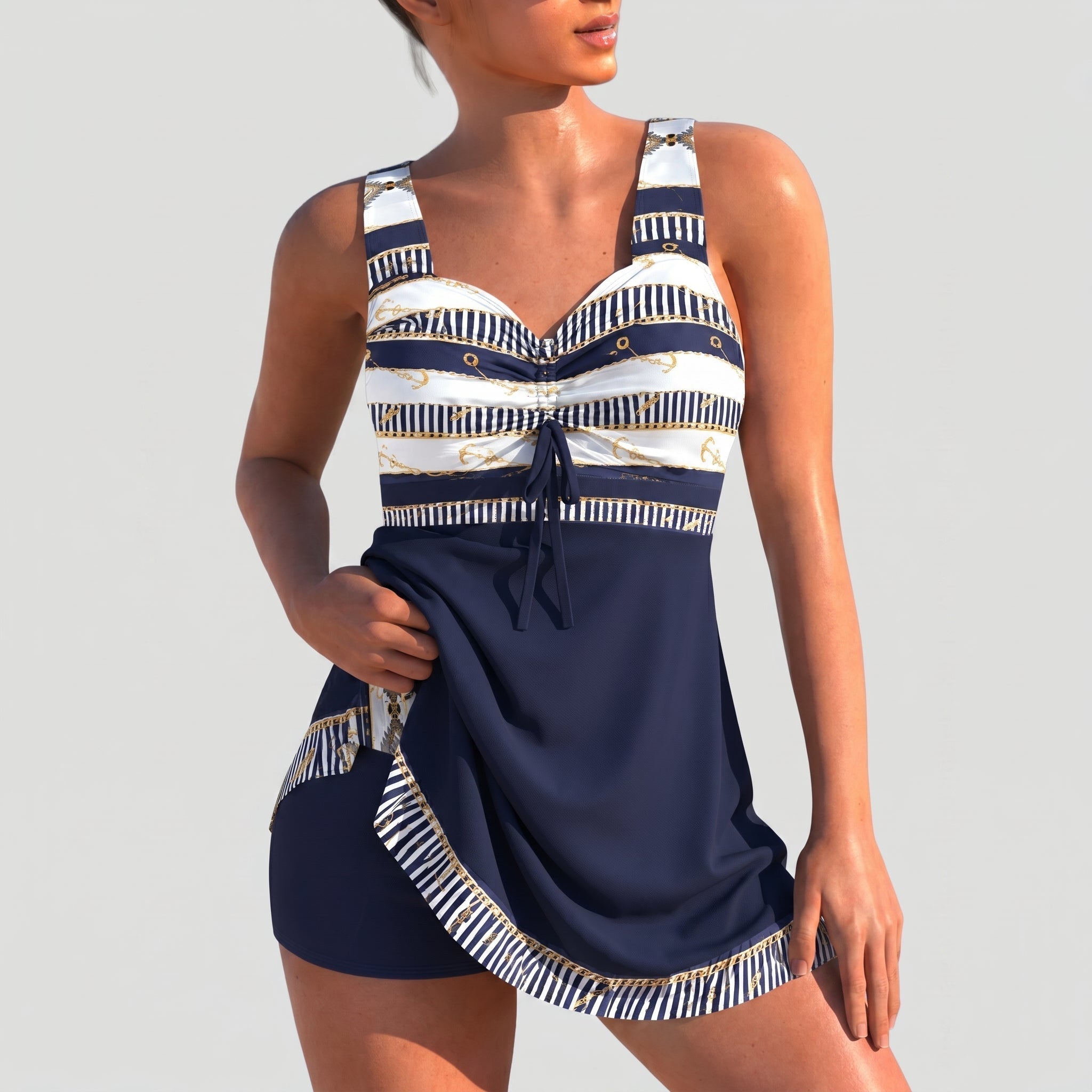Maya - Women's Summer Geometric Print Ruched Tankini Set - 2-Piece Sets - Dark Blue - Davies & Cooper